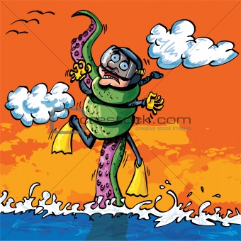 Cartoon diver attacked by tentacle