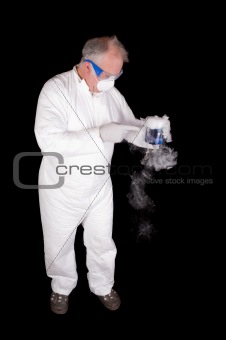 Man in Hazmat clothing in decontamination chamber