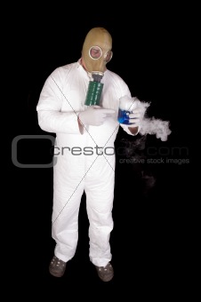 Man in Hazmat clothing in decontamination chamber