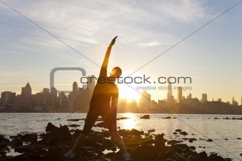 Woman Runner Yoga Stretching Manhattan Skyline Sunrise New York 