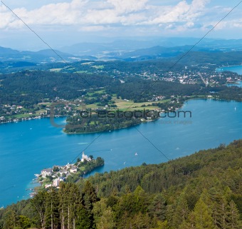 Panorama of Lake Worthersee, bird's-eye view, Austria
