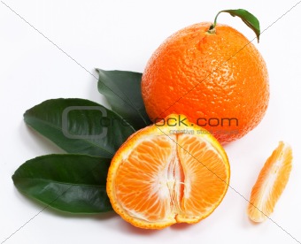 Ripe mandarin with green leaf