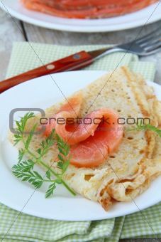 salted salmon red fish with pancakes