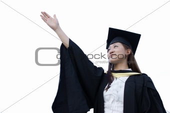 Aspiring asian graduate raise right arm