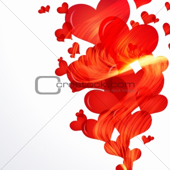 Flaming hearts fly up,  side vector border.
