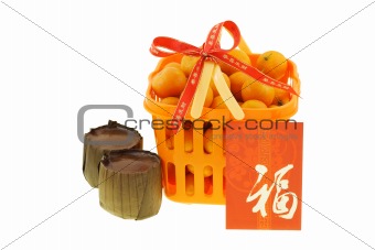 Gift basket of mandarin oranges and Chinese new year rice cakes 