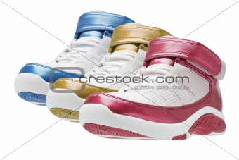 Row of colorful basketball trainers