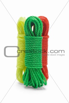 Three bundles of colorful nylon ropes