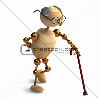 3d wood man old with walking stick
