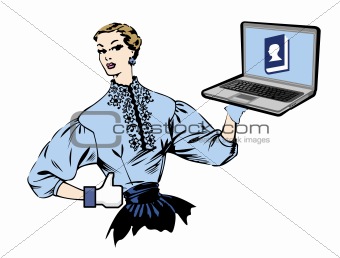 Social media retro woman with laptop.