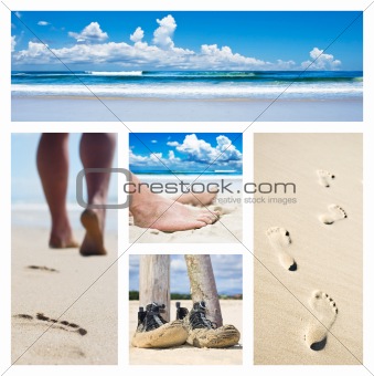 Collage of feet, footprints and shoes on the beach