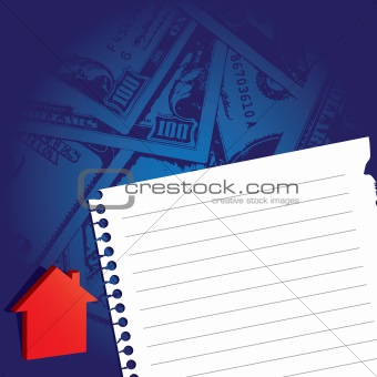 note paper with house icon and money background