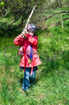 Angry Child Girl With Stick