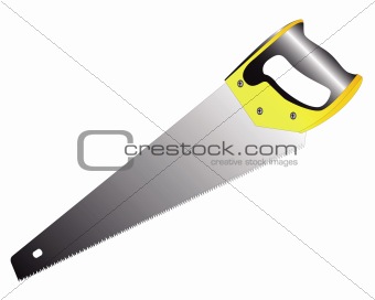 hacksaw on wood with a yellow-black handle