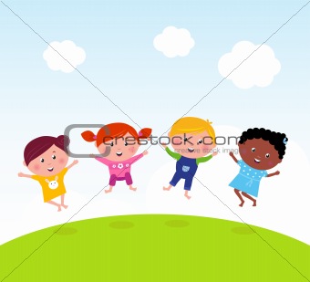 Happy group of multicultural kids jumping on summer meadow
