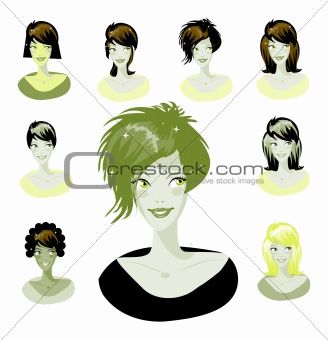 Cartoon avatar various girls faces - one of a series of similar 