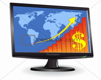 Monitor showing a world map and schedule of the arrow and dollar