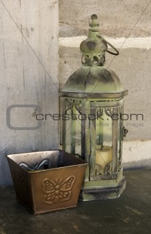 Antique lantern and butterfly box
