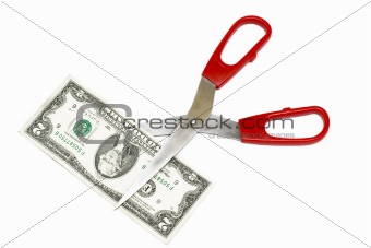 2 Dollar note and scissors isolated