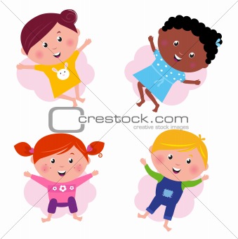 Multi cultural different jumping children - vector isolated on w