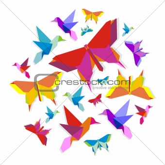 Spring Origami bird and butterfly circle