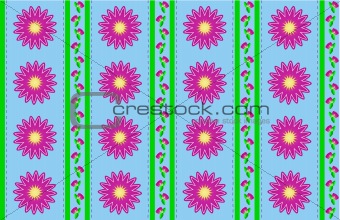 Vector Eps 10 Blue Wallpaper with Pink Flowers and Green Stripes