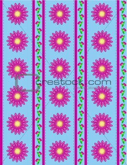Vector Eps 10 Blue Wallpaper with Pink Flowers and Pink Stripes