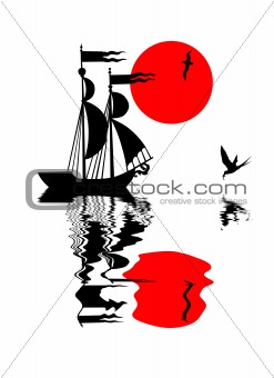 vector illustration of the old-time frigate on white background 