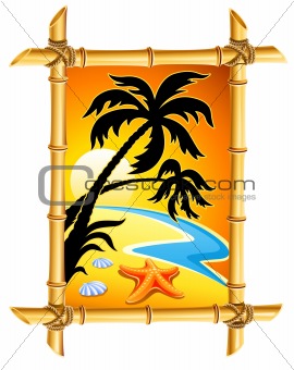 abstract beach landscape with sunset and palm in bamboo frame