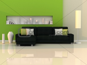 interior of the modern room, green wall and black sofa