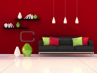 interior of the modern room, red wall and black sofa