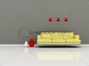 interior of the modern room, grey wall and yellow sofa