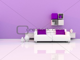 interior of the modern room, purple wall and white sofa