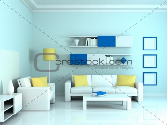 interior of the modern room, blue wall and white sofa