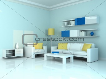 interior of the modern room, blue wall and white sofa
