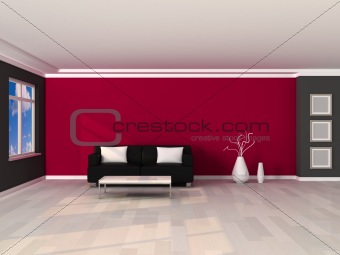 interior of the modern room, grey and pink wall and black sofa