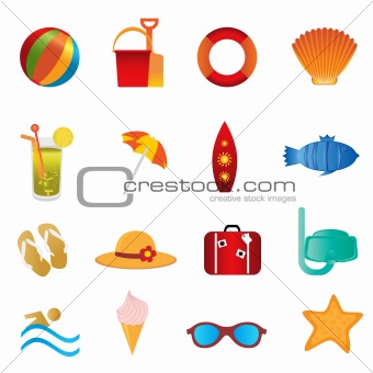 Beach and summer icons on white