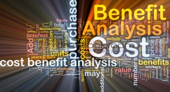 Cost benefit analysis background concept glowing