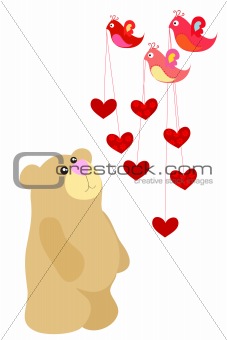 bear and bird with hearts