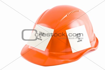 Protective helmet and note stickers on the white background.