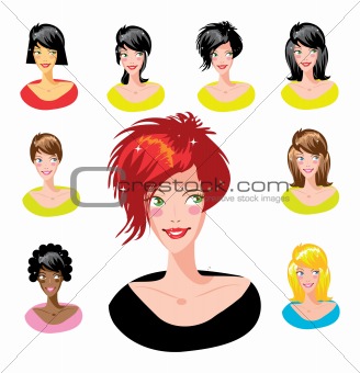 Cartoon avatar various girls faces - one of a series of similar 