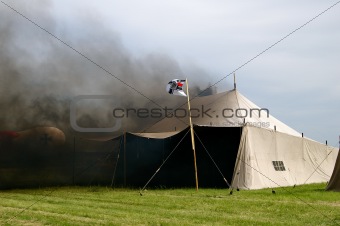 Burning army tent