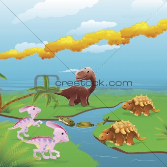 Cartoon dinosaurs scene. 