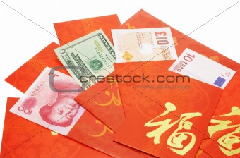 Multi national currency notes in Chinese red packets