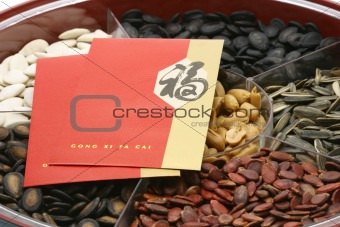 Chinese New Year red packets on snacks tray