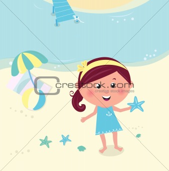 Happy smiling girl on the beach holding sea star
