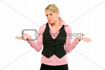 Modern business woman with confused expression on her face
