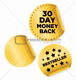 Vector set of "Bestseller" and "Money Back" stickers in gold