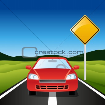 Car on Highway with blank road sign