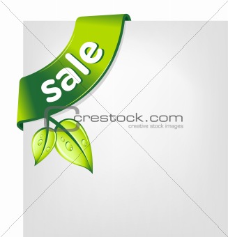 Vector Green SALE ribbon with leaves on the blank paper